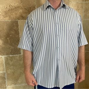 Blue and white button down, microfiber material.